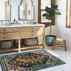 Oriental Tropical Entryway Rugs Washable, Thin Black Boho Vintage Distressed Hippie 2x3 Throw Rugs for Bathroom Kitchen Indoor Doormat Non-Slip Abstract Botanical Tribal Indian Accent Carpet