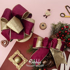 Ribbli Burgundy Velvet Wired Ribbon 2.5 Inch Burgundy Velvet with Gold Glitter Christmas Ribbon for Christmas Tree Decoration Big Bow Gift Wrapping Crafts Wreaths Supplies- 10 Yards
