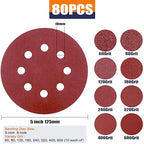 Sanding Discs Variety Grit Sandpaper: Hook Loop Disc 5-Inch 8-Holes 60 80 120 180 240 320 400 600 Grits(Each of 10) 80PCS