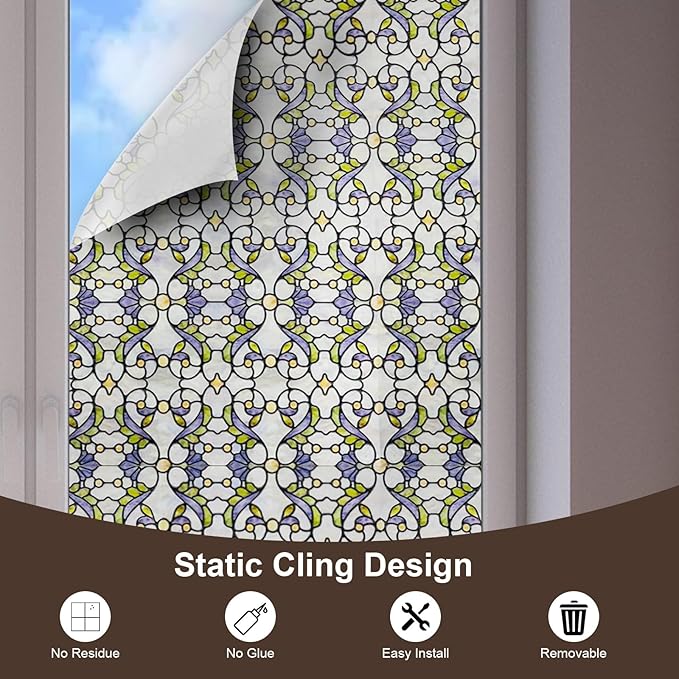 3D Stained Glass Window Film, Decorative Window Privacy Film for Bathroom,Front Door,Home, Sun Blocking Heat Control,Static Cling, Genes 23.6inch x 35.4inch