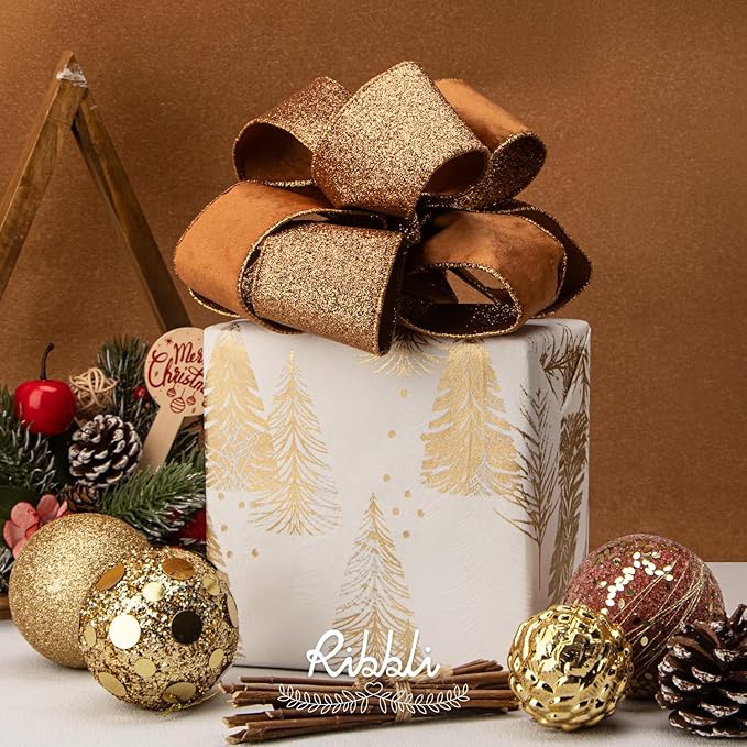 Ribbli Burnt Orange Velvet Wired Ribbon 2.5 Inch Copper Velvet with Copper Glitter Christmas Ribbon for Christmas Tree Decoration Big Bow Gift Wrapping Crafts Wreaths Supplies- 10 Yards