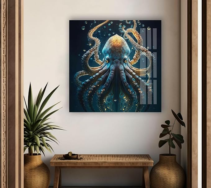 My Photostation.com 18Wx28H'' Underwater Blue Octopus Glass Wall Art Tempered Glass Printing Wall Decor Large Wall Art Wall Hangings