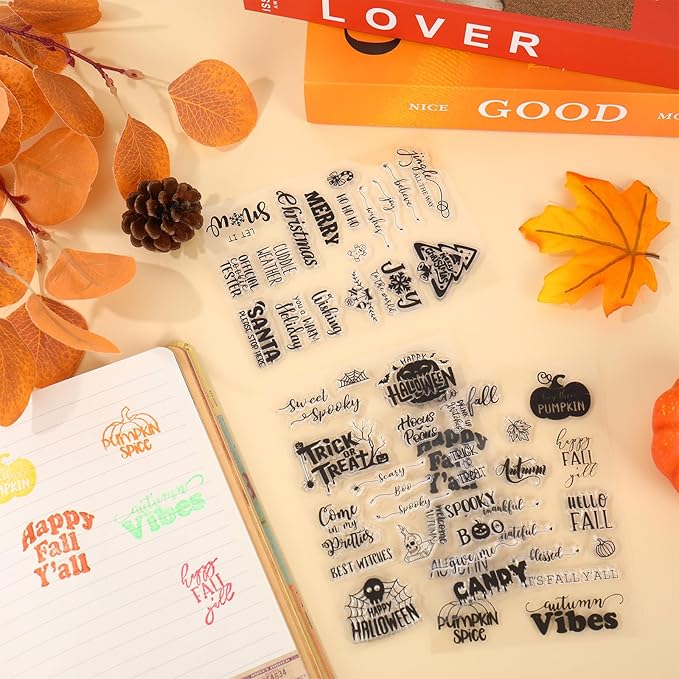 Whaline 4 Sheets Holiday Clear Stamps Fall Halloween Christmas Nativity Scene Greeting Words Silicone Transparent Stamps for DIY Craft Card Making Scrapbooking Embossing Album Decor