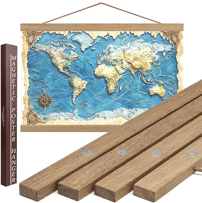DACRI HOME 34 Inch Magnetic Poster Hanger Frame -Sturdy Teak Wood Poster Frame, Strong Magnets for Quick Hanging Maps, Posters, Picture, Print, Scroll Wall Art 34x22 34x23 34x24 (34", Natural Wood)