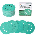 5-Inch 8-Hole Wet Dry Sanding Discs 80/120/180/220/320 Assorted Grits, Polyester Film Backed Heavy-Duty Hook and Loop Sandpaper for Random Orbital Sander, 50-Pack