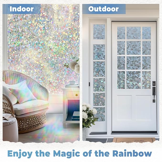DOWELL Window Privacy Film Rainbow Film, Stained Glass Decorative Sticker, Static Cling Non-Adhesive Glass Clings, Sun Blocking Heat Control Window Coverings for Home Door, 35.4" x 78.7"