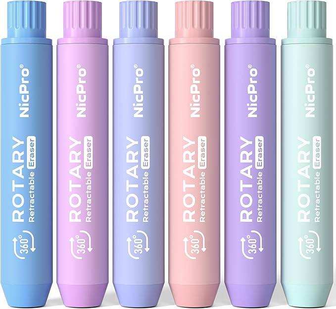 Nicpro 6 Pack Rotary Retractable Erasers Pen Style, Aesthetic Pastel Twist Erasers in Macaron Colors, Clean Erasing TPE Eraser for School Supplies, Office, Drawing & Journaling