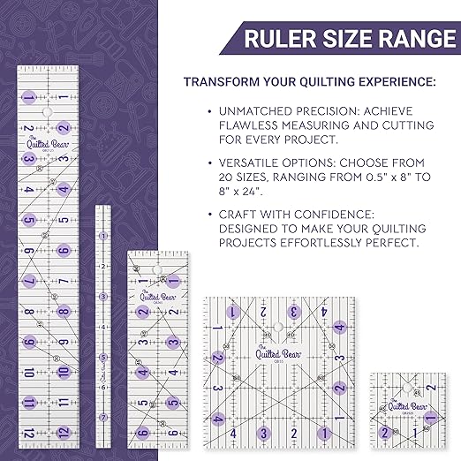 The Quilted Bear Quilting Rulers - Transparent Acrylic Non Slip Quilting, Patchwork & Sewing Ruler with Clear Black Lines & 30, 45 & 60 Degree Angles for Perfect Accuracy & Precision (3.5" x 3.5")