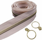 Leekayer #5 Gold Metallic Nylon Coil Zippers by The Yard Bulk 10 Yards Beige Zipper Tape with 25pcs Gold Ring Pull Sliders for DIY Sewing Tailor Craft Bag(Beige)
