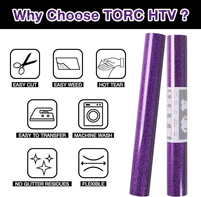 TORC Purple Glitter HTV Heat Transfer Vinyl Roll 12 inch x 5 ft Iron on Vinyl for T Shirts Crafts