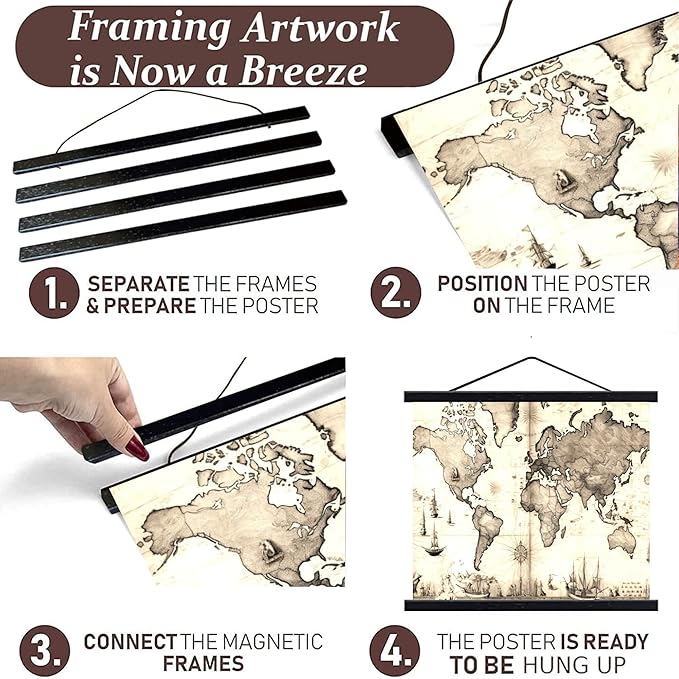 DACRI HOME 70" Magnetic Poster Hanger Frame - Sturdy Teak Wood Poster Frame 70x48 70x50 70x60, Strong Magnets for Easy Hanging Map Picture Canvas Print Scroll Wall Art (70 Inch, Black)