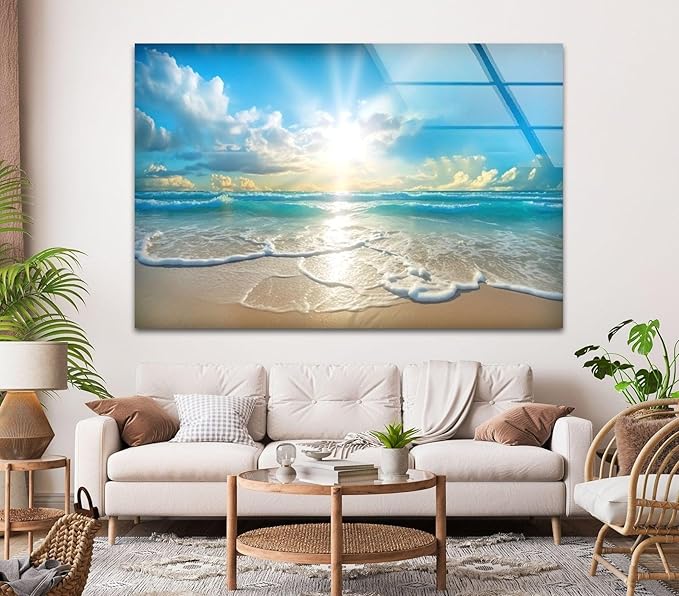 My Photostation.com 28Wx18H'' Beautiful Sunset & Ocean Glass Wall ArtTempered Glass Printing Wall Decor Large Wall Art Wall Hangings