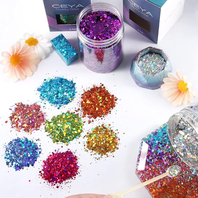 Ceya Holographic Chunky Glitter, 4.9oz/ 140g Pink Mauve Craft Glitter Powder Mixed Fine Flakes Iridescent Nail Sequins for Roses Nail Art, Hair, Epoxy Resin, Tumblers, Slime, Painting, Festival Decor