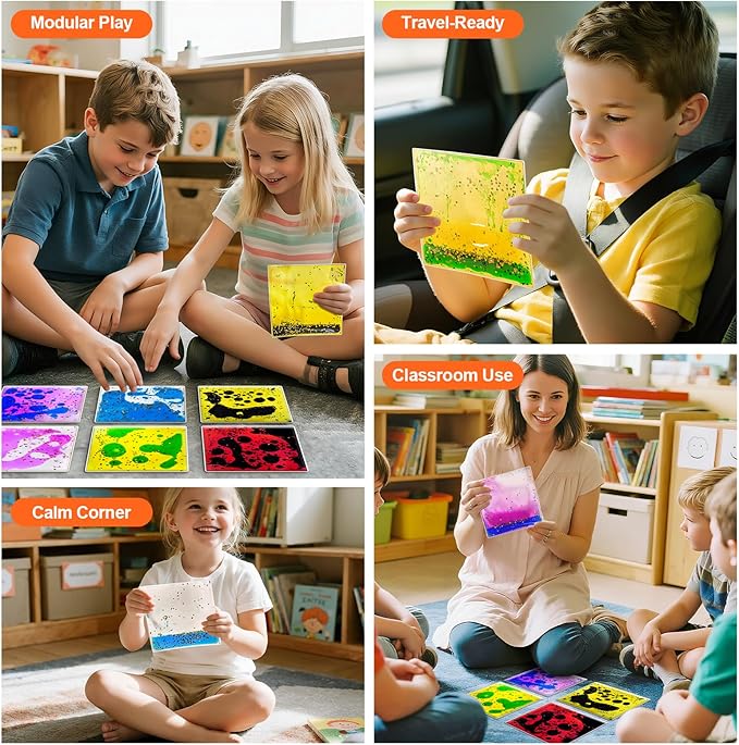 Squishy Liquid Sensory Tiles for Kids – 6" Soft Colorful Tactile Play Pads with Glitter for Visual Tracking, Desk, Calm Corner, Classroom or Quiet Play (6-Pack)
