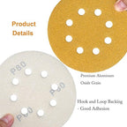 5-Inch 8-Hole Hook and Loop Sanding Discs, 60/80/120/220/400 Assorted Grits Gold Sanding Disc for Random Orbital Sander, 50-Pack