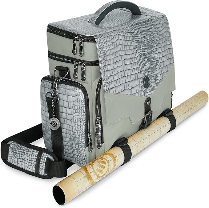 ENHANCE Travel Bag for DND Collector's Edition, Bag Compatible with Dungeons and Dragons, Battle Mat Holder, Dice Pockets and Accessories, Carry 4-8 Books (Silver Dragon)