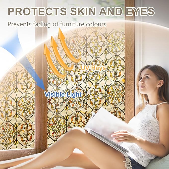 3D Stained Glass Window Privacy Film, Heat Control UV Blocking Static Cling Decorative Window Film for Bathroom,Front Door,Home Non Adhesive,GiltGaze 16.9 x 78.7 inches