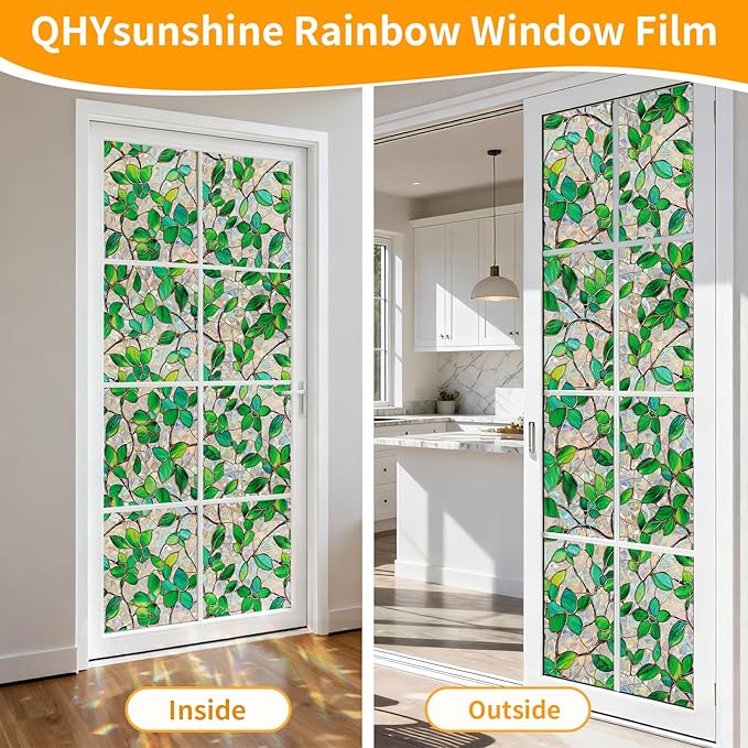 Window Privacy Film Stain Glass Window Film Rainbow Window Film Window clings Non-Adhesive Reusable Decorative for Room (Green Rainbow, 45.2 X 157.4 in)