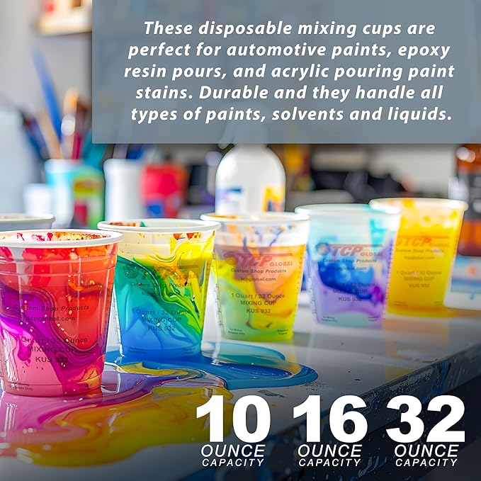 TCP Global Complete Paint Mixing Kit - 12 Cups with Lids, Mixing Sticks, Paddles, Strainers - Epoxy Resin Measuring Cups, Plastic Paint Cup Containers for Automotive & Art Projects