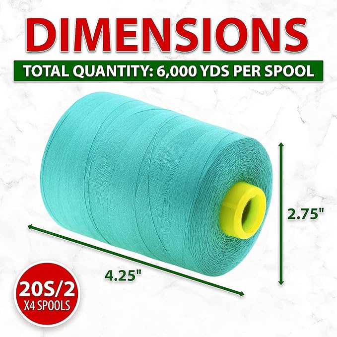 Mandala Crafts 4 Pack of Serger Threads Cones Spools - 20S/2 24000 Yards Polyester Aqua Threads for Sergers Machine and Overlock Quilting Sewing Machine