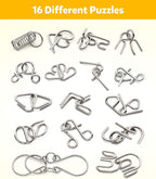Coogam Metal Wire Puzzle Set of 16 with Pouch,Brain Teaser IQ Test Disentanglemen Iron Link Unlock Interlock Game Chinese Ring Magic Trick Toy for Party Favor Kids Adults Challenge