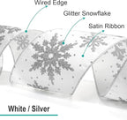 CT CRAFT LLC White Satin with Silver Snowflake Wired Ribbon 4 Inch x 10 Yards for Christmas Home Decor Tree Topper Bow Gift Wrapping DIY Crafts Wreath Garland