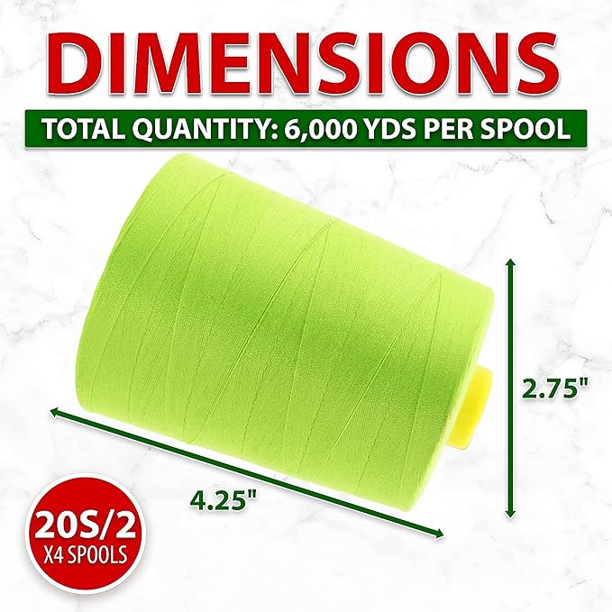 Mandala Crafts 4 Pack of Serger Threads Cones Spools - 20S/2 24000 Yards Polyester Lime Green Threads for Sergers Machine and Overlock Quilting Sewing Machine