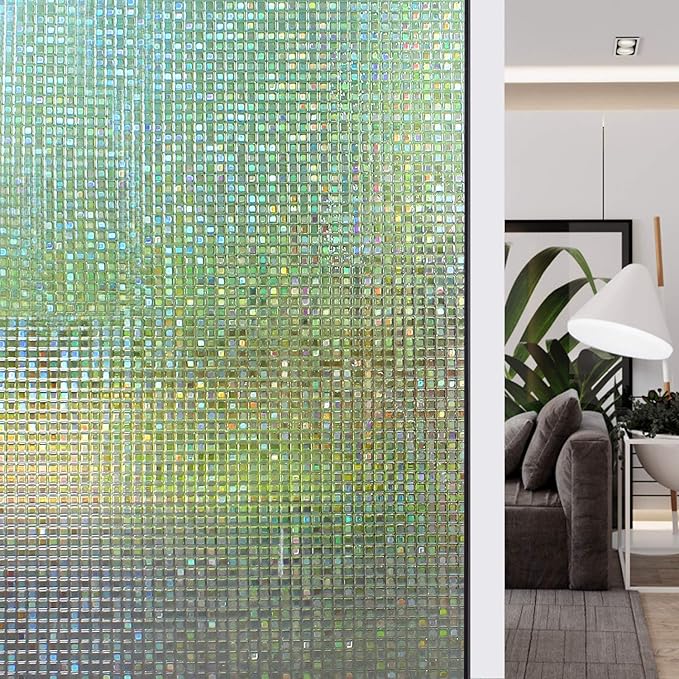 HIDBEA 3D Window Privacy Film - Rainbow Decorative Clings, Heat Control Decals, Vinyl Glass Tint, 35.4 x 98.4 Inches, Mosaic Patterns