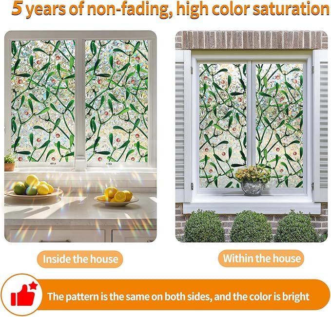 Window Privacy Film Stain Glass Window Film Rainbow Window Film Window clings Non-Adhesive Reusable Decorative for Room (Mistletoe Rainbow, 23.6 x 78.7 in)