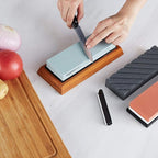 Amazon Basics Whetstone Knife Sharpening Wet Stone Dual Sided 400/1000 and 3000/8000 Grit Stones, Flattening Stone, and Non-Slip, Bamboo Base, 3 Count (Pack of 1), Black & Grey