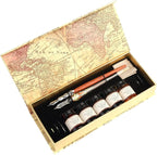 GC QUILL MU-02 Calligraphy Pen Set, Glass Dip Pen and Handcrafted Wooden Dip Pen Gift Set with 5 Colors Calligraphy Ink 6 Nibs, Calligraphy Set for Beginners