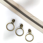 Leekayer #5 Antique Brass Metallic Nylon Coil Zippers by The Yard Bulk 10 Yards Beige Zipper Tape with 25pcs Antique Brass Ring Pull Sliders for DIY Sewing Tailor Craft Bag(Beige)