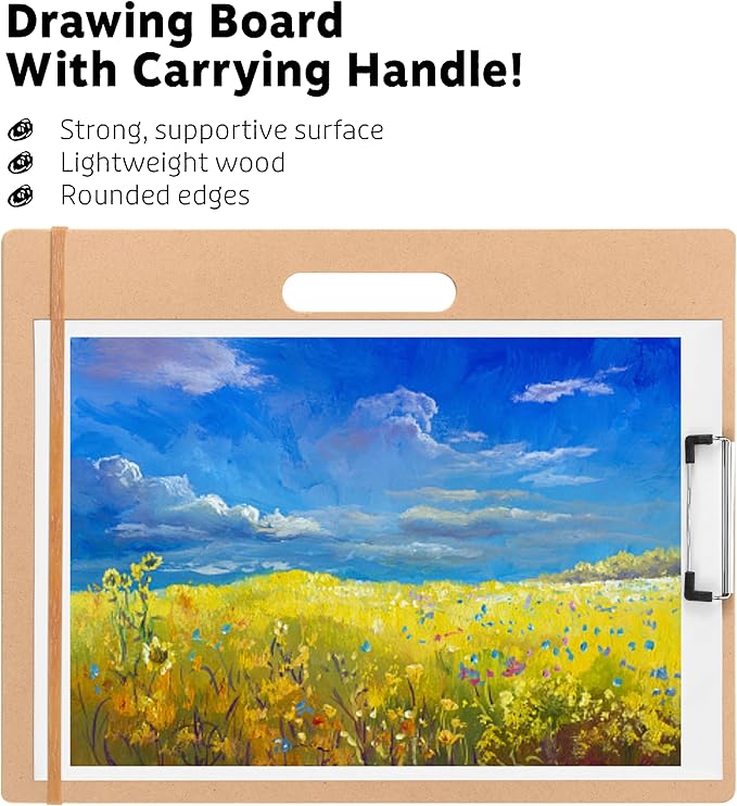 Drawing Board - 14" x 17.8" Sketch Board with Handle for Drafting Art - Portable Clipboard for Class or Studio Fit in Artists Tote
