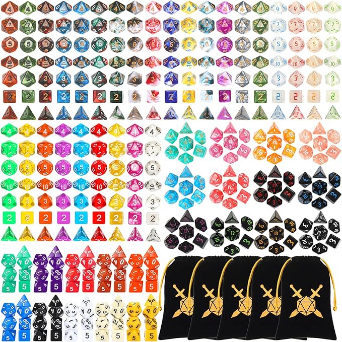 Yilloog 350 Pcs Compatible with DND Dice Sets Bulk Polyhedral Dice with Drawstring Bag Dice Multi Role Playing Table Game D4 D6 D8 D10 D% D12 D20 Compatible with Dungeons and Dragons (Classic Style)