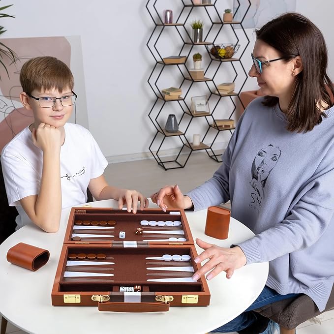 Backgammon Set 2 Players Classic Backgammon Sets for Adults Board Game with PU Leather Case Portable and Travel Backgammon Set (Brown, 11inch)