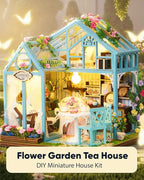 DIY Miniature House Kit, DIY Dollhouse Kit for Adults to Build, Mini House Kit with LED, Mayberry Street Miniatures, Ideal Gifts for Birthday, Halloween Christmas(Flower Garden Tea House)