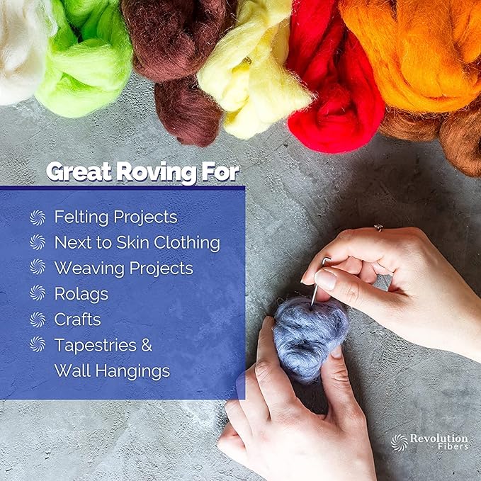 Revolution Fibers Merino Wool Roving | Premium Combed Wool Top | 22 Micron, Perfect for Felting Projects, Spinning, Wall Hangings and Tapestry (Amethyst)