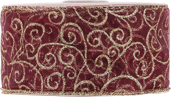 MEEDEE Red Gold Swirl Wired Ribbon 2.5 Inch Dark Red Sheer Ribbon with Gold Swirl Glitter Wired Ribbon Organza Sheer Ribbon 25 Yards Burgundy Sheer Christmas Ribbon for Christmas Tree, Wreath Bow
