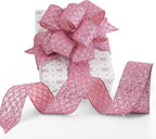 HUIHUANG Pink Glitter Wired Ribbon for Christmas Tree 2.5 inch Light Pink Diamond Mesh Wire Ribbon for Tree Decoration, Wreaths, Garland, Gift Wrapping, Bows Making, Home Decor -10 Yards