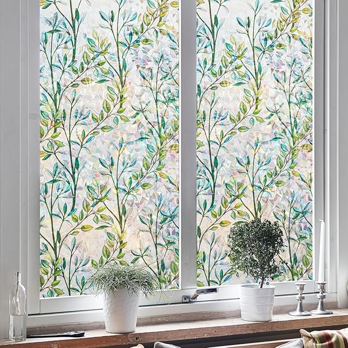 NINETREX Window Privacy Film Stained Glass Window Film 3D Decorative Cling,Sun Blocking Static Cling Removable Film for Glass Door,Home Decor Window Cover Non-Adhesive 17.5 x 157.4 inches,Leaf