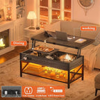 Aheaplus Coffee Table Lift Top Multi-Function Coffee Table Converts to Dining Table, with LED Light and Power Outlet, Center Table with Shelves for Living Room Reception Home Office, Black Oak