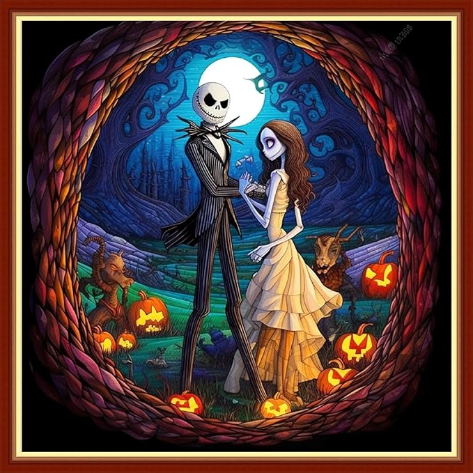 Foxhool Beginners Cross Stitch Kits Stamped Full Range of Embroidery Kits for Adults DIY Cross Stitches kit Embroidery Patterns for Needlepoint kit-Skeleton Couple 17.7x17.7 inch