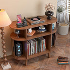 Large Round Record Player Stand with Charging Station & USB Ports，Record Storage Cabinet, Mid Century Modern Turntable Stand for Bedroom Living Room (Small Brown)