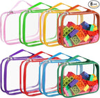 8 Packs Toy Storage Bags with Zipper, Clear PVC Organizing Bags, Reusable Toy Storage Organizer with Portable Handle, Travel Waterproof Organizer Bags for Building Blocks, Puzzle, Toys and Books