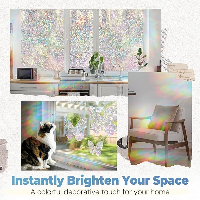DOWELL Window Privacy Film Rainbow Film, Stained Glass Decorative Sticker, Static Cling Non-Adhesive Glass Clings, Sun Blocking Heat Control Window Coverings for Home Door, 23.6" x 118.1"