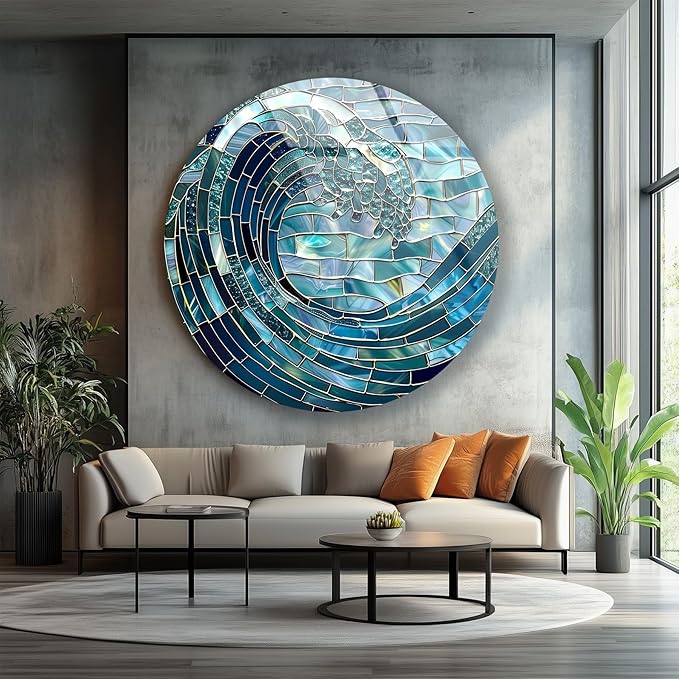 My Photostation.com 24''(60cm) Diameter Ocean Wave in Blue Mosaic Round Glass Wall Art Tempered Glass Printing Wall Decor Large Wall Art Wall Hangings