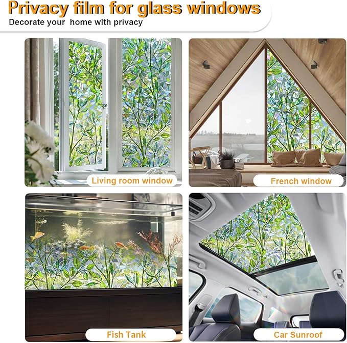 Window Privacy Film Stain Glass Window Film Rainbow Window Film Window clings Non-Adhesive Reusable Decorative for Room (Leaf Rainbow, 45.2 x 157.4 in)