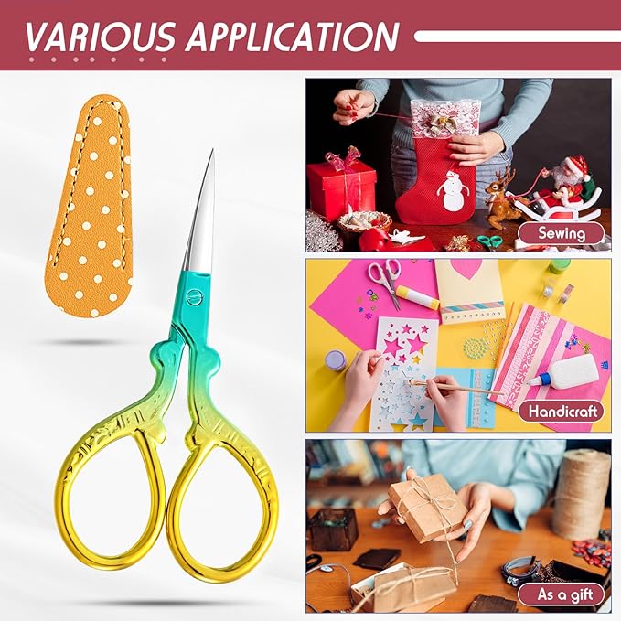 Honoson 4 Pcs Sewing Embroidery Scissors with 4 Pcs Artificial Leather Cover 3.6 Inch Stainless Steel Stork Scissors Vintage Embroidery for Needlework Manual Sewing Handicraft(Classic Colors)