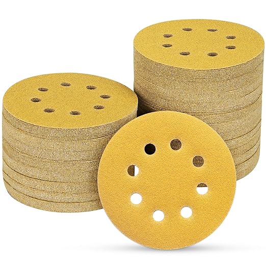 100PCS 5 Inch 8 Hole Sanding Discs 120 Grit,Gold Round Hook and Loop Sandpaper for Random Orbital Sander