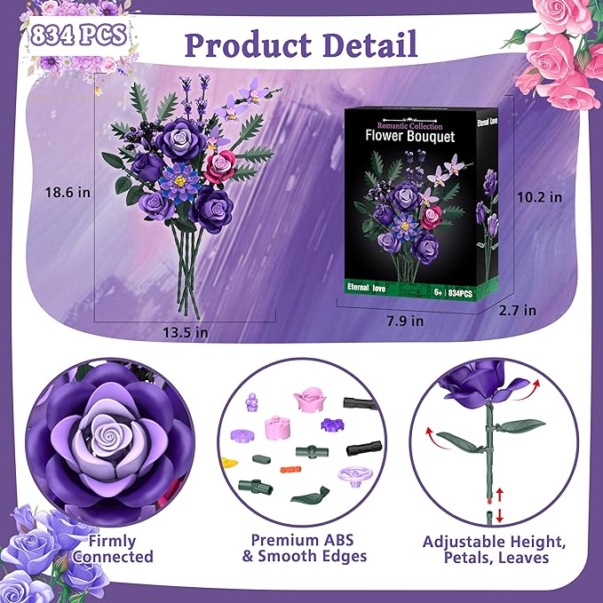 Purple Roses Flower Bouquet Building Sets, 834PCS Artificial Flowers Botanical Collection Compatible with Lego Flowers for Adults Gothic Halloween Decor, Gifts for Halloween Christmas Valentines Day
